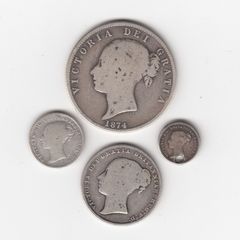 Victorian coins, 2/6,1/-,3d,11/2d (holed) 92.5% Silver Coins ( no.407)
