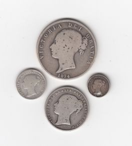 Victorian coins, 2/6,1/-,3d,11/2d (holed) 92.5% Silver Coins ( no.407)