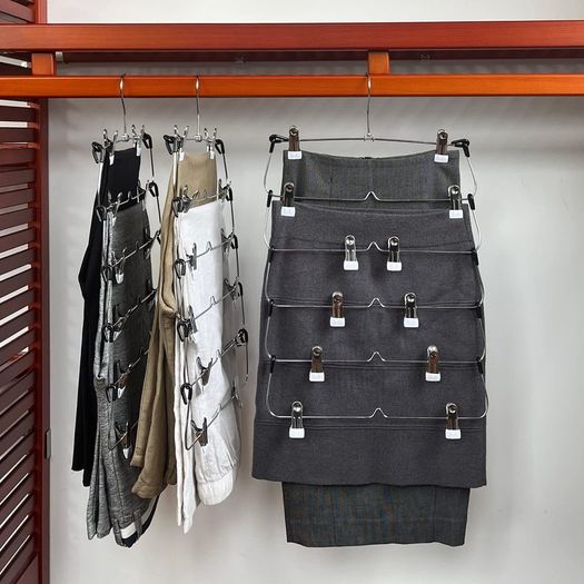 6 Tier Trouser Hangers with Clips, Hangerman 2 Pack Strong & Durable Chrome Metal Skirt Hangers - Space Saving, Multi Hanger with Non Slip Adjustable Clip for Trousers, Hang Skirts Pants Jeans