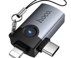 Hoco UA46D Victory iP Male / Type-C Male to USB Female 2-In-1 Adapter Metal Gray