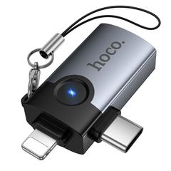 Hoco UA46D Victory iP Male / Type-C Male to USB Female 2-In-1 Adapter Metal Gray