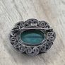 Antique Silver Filigree Enamel Green Aventurine Cabochon Brooch 14g Image 2