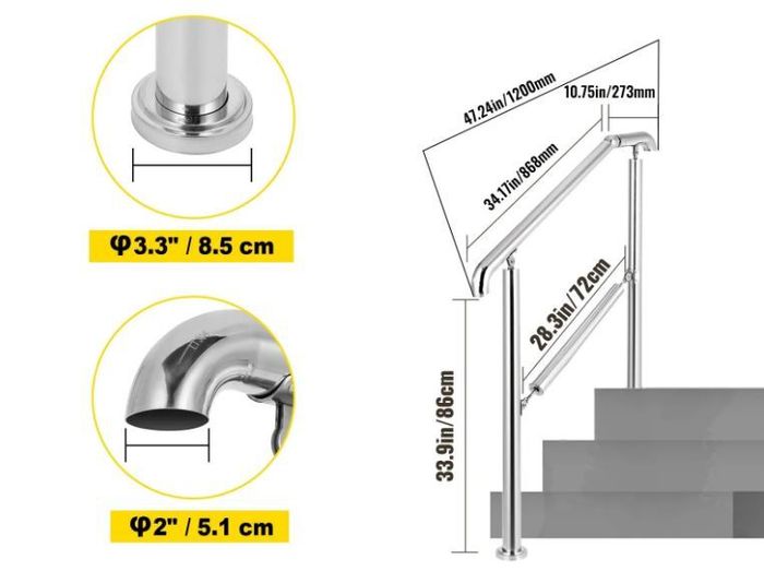 Stainless Steel Adjustable 3 Step Handrail for Indoor and Outdoor Stairs, 99.8 kg Capacity with Installation Kit for Porch and Steps