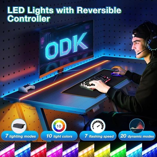 Gaming Desk with LED Lights & Power Outlet, Gaming Table with Cup Holder and Headphone Hook, Double Z Frame Design Computer Desk Carbon Fiber Black 80 cm