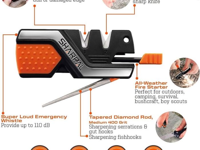 NEW SALE | 101N 6-In-1 Pocket Knife Sharpener and Survival Tool, with Fire Starter, Whistle and Diamond Sharpening Rod, Quickly Restore and Hone Straight and Serrated Blade