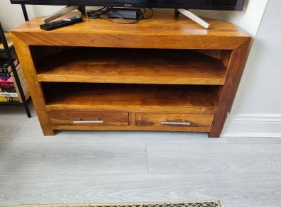 Two Drawer Sheesham Wood Corner TV Unit - India