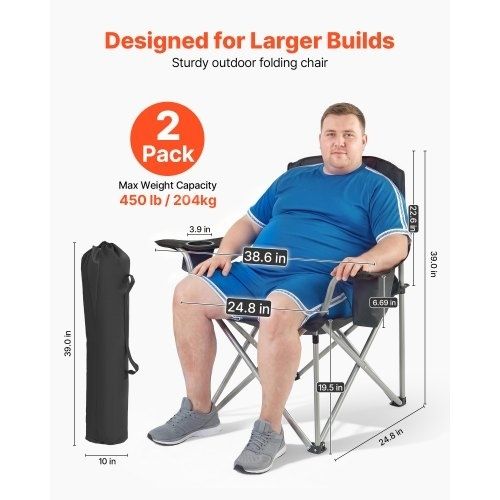 Oversized Camping Chairs, 204 kg Heavy Duty Support, Portable Folding Camp Chairs with Padded Backrest & Armrests, Cup Holder & Side Pocket, Cooler Bag, Carry Bags for Outdoor, Fishing, 2 Pack