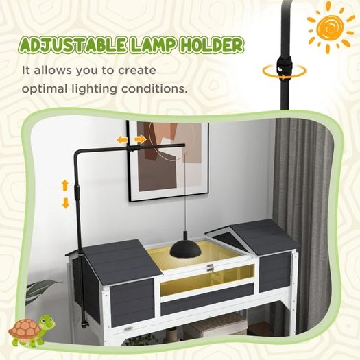 Wooden Tortoise Enclosure w/ Adjustable Lamp Holder, Openable Lid, Dual Main Houses, Storage Shelf, Fixed Tray - Grey