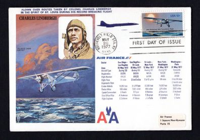1977 USA Illustrated Cover Commemorating  50th Anniversary of Solo Transatlantic Flight with Roosevelt Field Station New York with First Day cancel Slogan