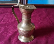Vintage Solid Brass Art Deco Engraved With Decorations Footed Pitcher With Lid
