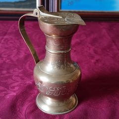 Vintage Solid Brass Art Deco Engraved With Decorations Footed Pitcher With Lid
