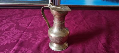 Vintage Solid Brass Art Deco Engraved With Decorations Footed Pitcher With Lid