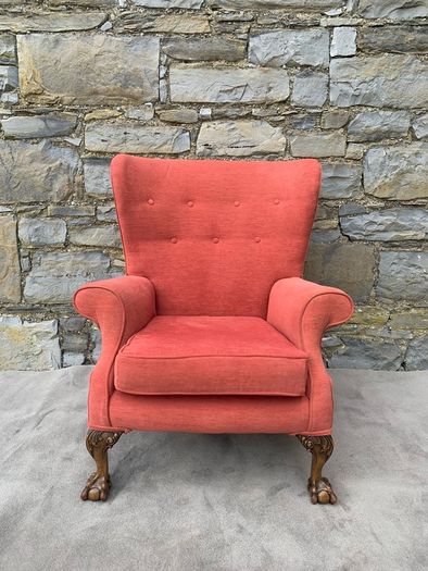 A pair of Chippendale Revival Country House wingback armchairs on Ball & Claw feet.