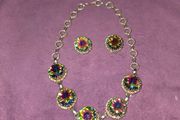 1950's Signed Schiaparelli Watermelon Vitrail Stone Necklace and Earring set