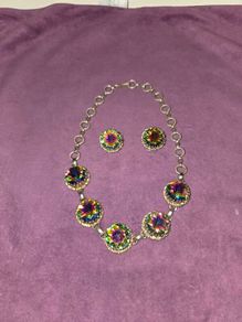1950's Signed Schiaparelli Watermelon Vitrail Stone Necklace and Earring set