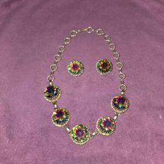 1950's Signed Schiaparelli Watermelon Vitrail Stone Necklace and Earring set