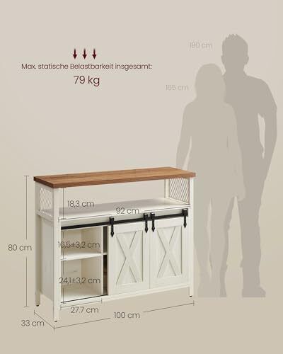 Sideboard, Kitchen Cabinet, Storage Cabinet with 2 Sliding Doors, 33 x 100 x 80 cm, Adjustable Shelves, for Living Room, Cloud White/Honey Brown