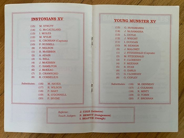 1992 Instonians v Young Munster - All Ireland League Rugby Programme