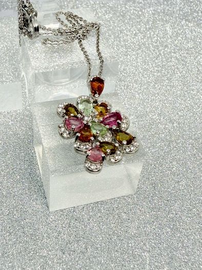 Multi-Tourmaline & White Zircon Pendant with Chain