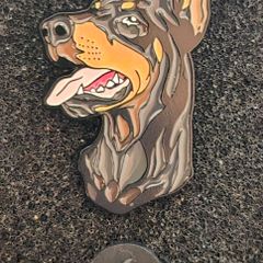 Doberman dog , pin back badge.