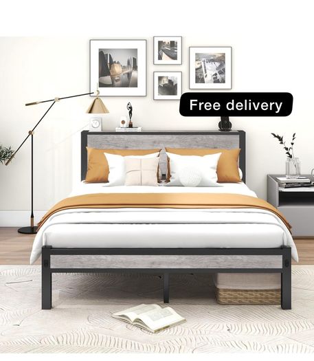 King Size Bed Frame with Storage Wooden Headboard