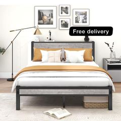 King Size Bed Frame with Storage Wooden Headboard