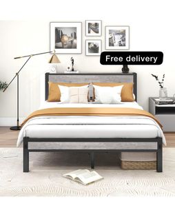 King Size Bed Frame with Storage Wooden Headboard