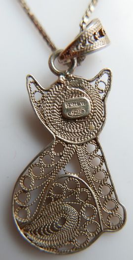 Vintage Sterling Silver 925 Cat Pendant and Sterling Chain length 16" - 2,95g