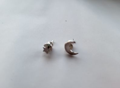 Sterling silver (925) asymmetric earrings moon and star, moon studs, star studs