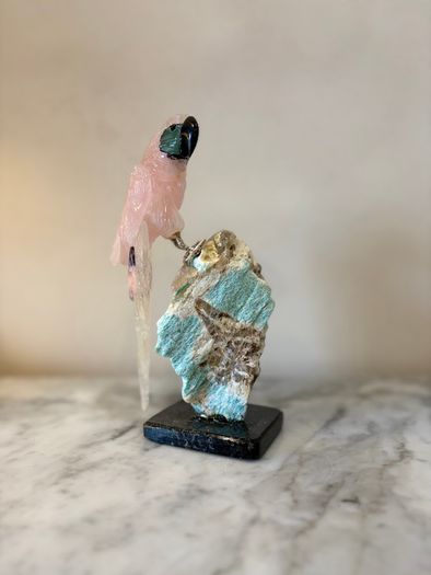 Hand-Carved Rose Quartz Parrot on Raw Amazonite & Crystal Matrix Base
