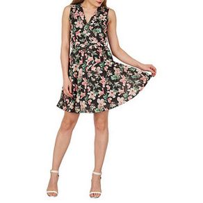 Blue Vanilla Black Floral Leaf Wrap Front V-Neck Dress size UK12 EU40 Postage included