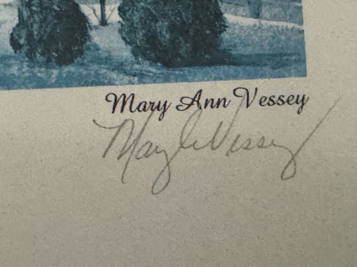 Pair of Hand-Signed Mary Ann Vessey Framed Folk Art Prints (Ulster-Scots & Winter Farm)