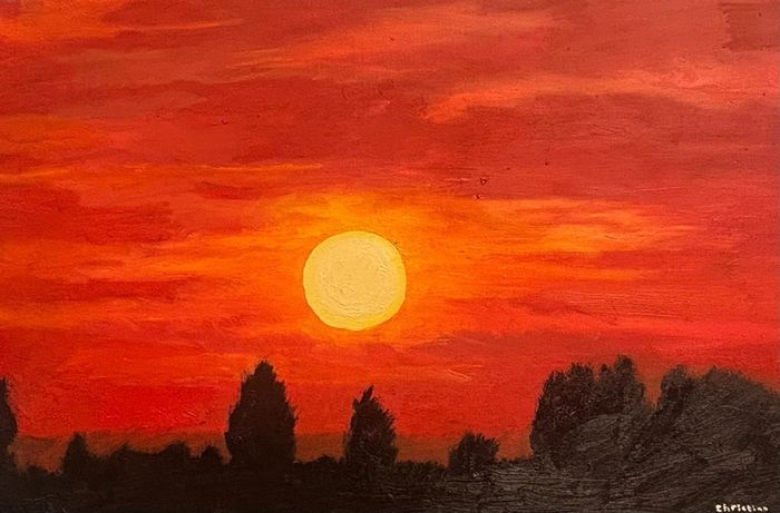 Oil painting picture of the sunset with forest