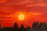 Oil painting picture of the sunset with forest