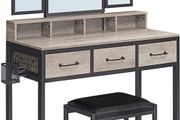_Dressing table, dressing table with 3-part folding mirror, hairdryer holder, cosmetic table with upholstered stool, 3 drawers, industrial design, greige black