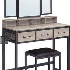 _Dressing table, dressing table with 3-part folding mirror, hairdryer holder, cosmetic table with upholstered stool, 3 drawers, industrial design, greige black