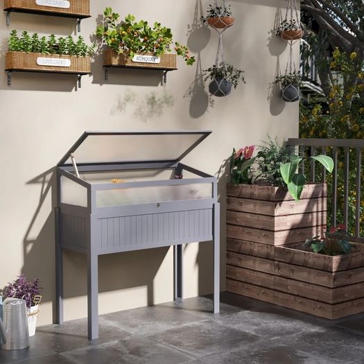 2-IN-1 Raised Garden Bed with Cold Frame Greenhouse, Elevated Garden Box with Openable Top for Flowers, Vegetables, Plants, Grey