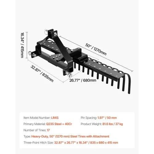 127 cm Lanscape Rock Rake, 3-Point Tow Behind Landscape Rake with 17 Steel Tines, Fit Category 1 Tractors, Angle Adjustable, Heavy Duty Lawn Dethatcher Rake for Grass Branch Debris