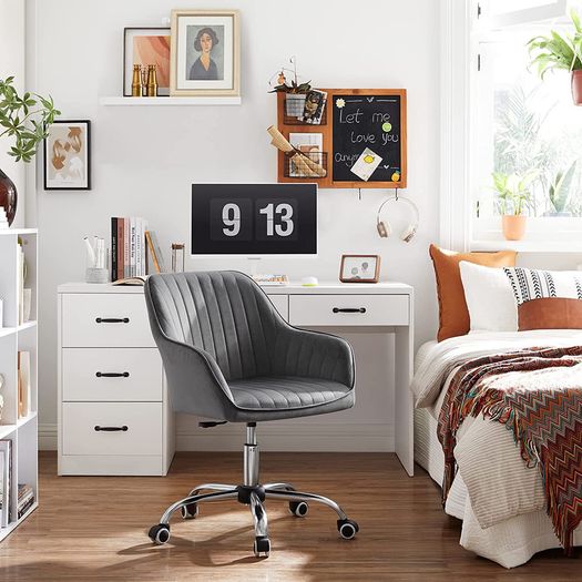 Office Swivel Chair with Velvet Cover, Foam Padding, Height Adjustable, for Study, Bar, Light Gray