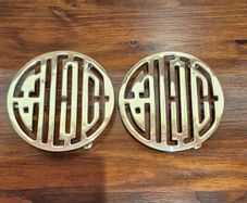 Vintage Solid Brass Chinese Shou Longevity Trivets Hot Plates Matching Pair