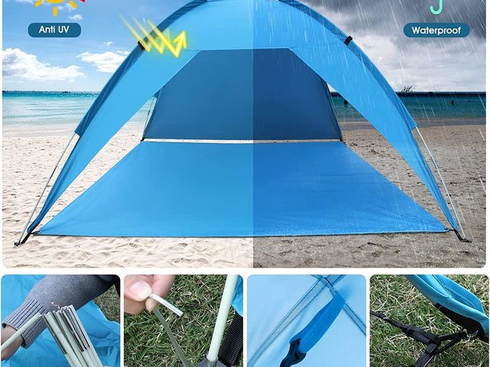 Beach Tent 4-6 Person, Portable Sun Shelter, Including Carry Bag and Tent Pegs, UV Protection Shade Cover for Beach, Garden, Camping