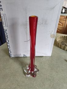 Vintage Hand Blown Red and Clear Glass Twist Vase | Flower Base