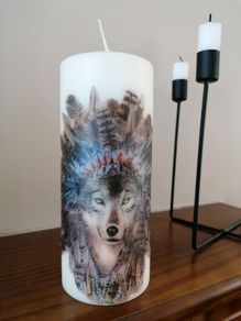 X-Large brand new unscented decorative decoupage pillar candle boho birthday new home gift/ wolf