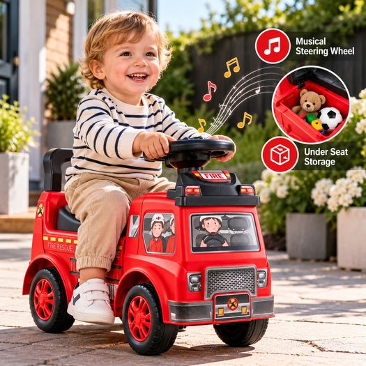 Ride On Fire Truck Push Car for Toddlers with Music and Storage Red