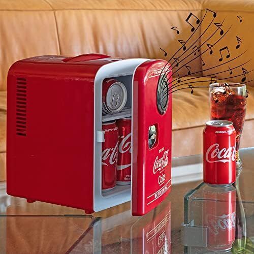 Coca-Cola Mini Fridges for Bedrooms 4L Quiet Small 6 Can Table Top Fridge Portable Retro Cooler Warmer with Built-In Bluetooth Wireless Speaker For Drinks
