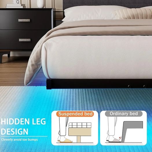 5ft King Bed Frame With USB Charging Station,Dark Grey Floating Bed Frame with Storage Headboard and LED Light,Upholstered Platform Bed Frame Double Size,Noise-Free Strong Slats