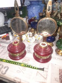 2 Beautiful Old Mirror Red Glass Oil Lamps, Postage Available