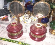 2 Beautiful Old Mirror Red Glass Oil Lamps, Postage Available