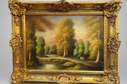 Scenic Forest &amp; Lakeside Landscape Statement Framed Oil Painting