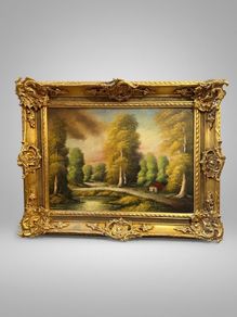 Scenic Forest & Lakeside Landscape Statement Framed Oil Painting